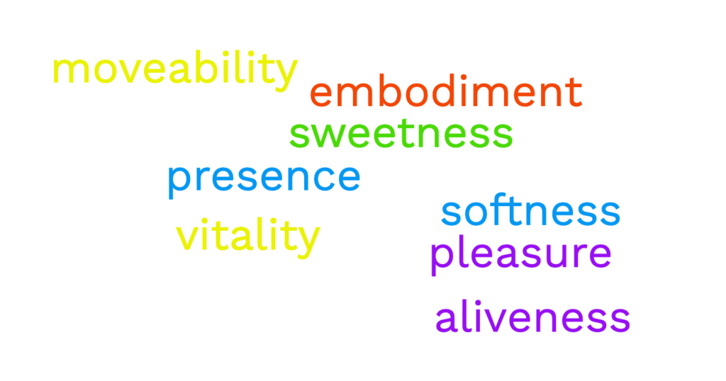 pleasure words cloud | Sheri Cohen Feldenkrais; Pleasure, Aliveness, Presence, Softness, Sweetness, Vitality, Moveability, Embodiment